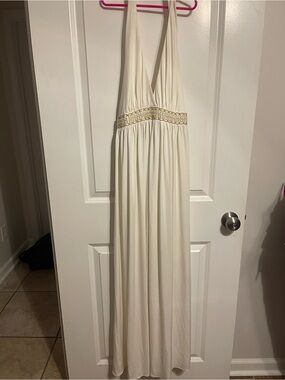 Maggy London Cream Halter Maxi Dress with Embellished Waist